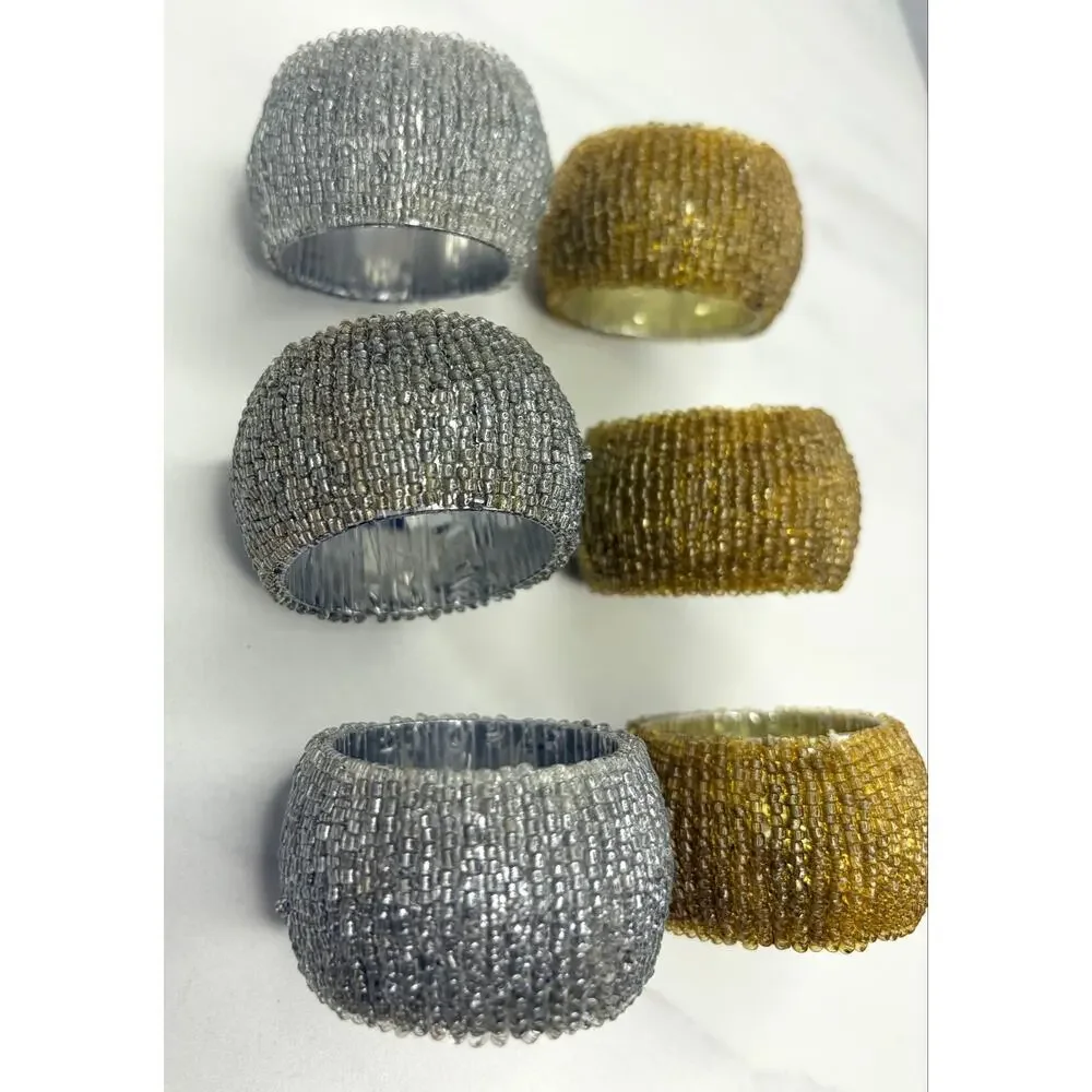 Vintage Glass Seed Bead Napkin Rings – Set of 6 (Gold & Silver Mix)